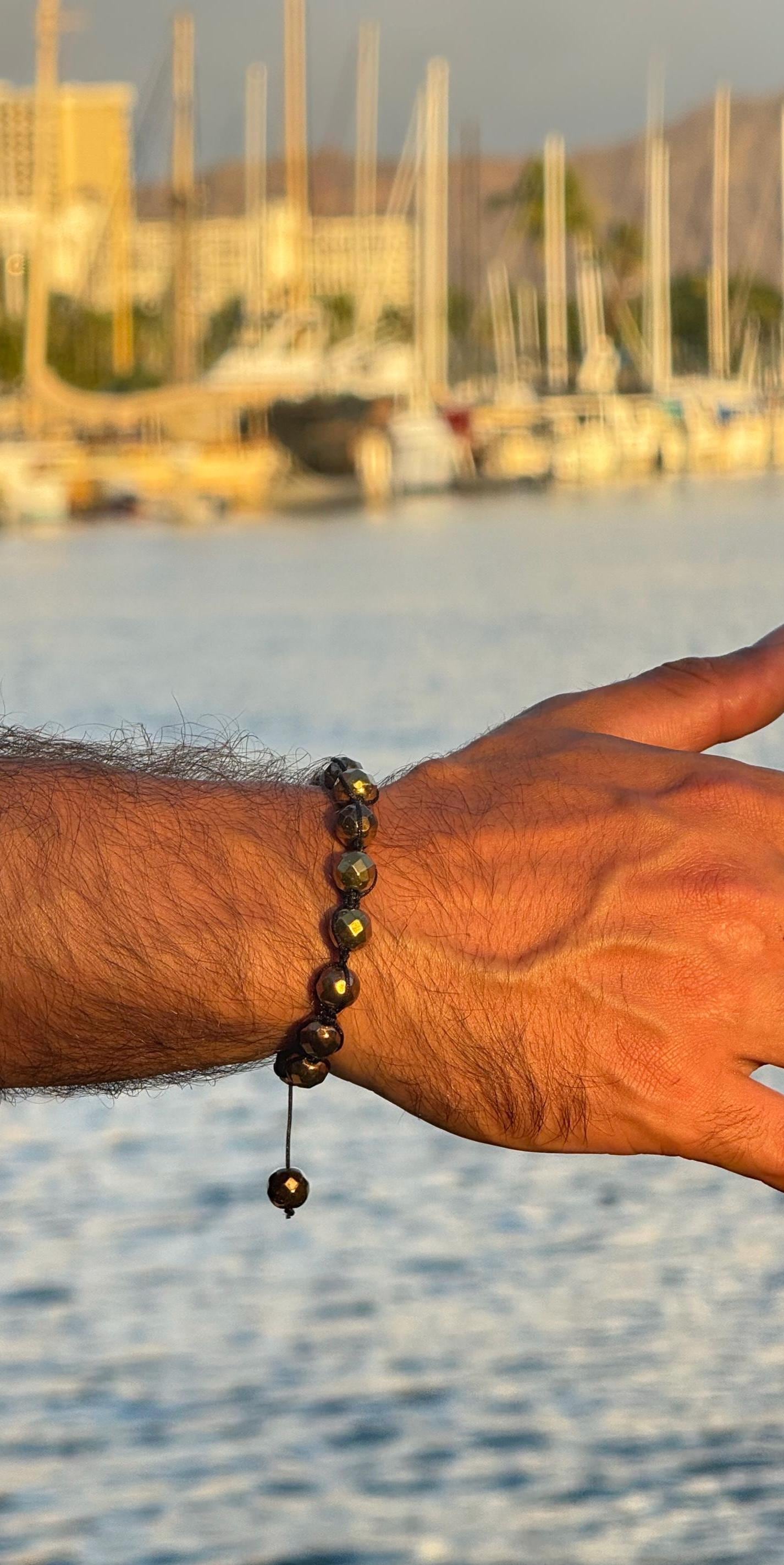 Handmade Men's Copper Hematite Macrame Bracelet – Handcrafted Adjustable Gem Stone Bracelet