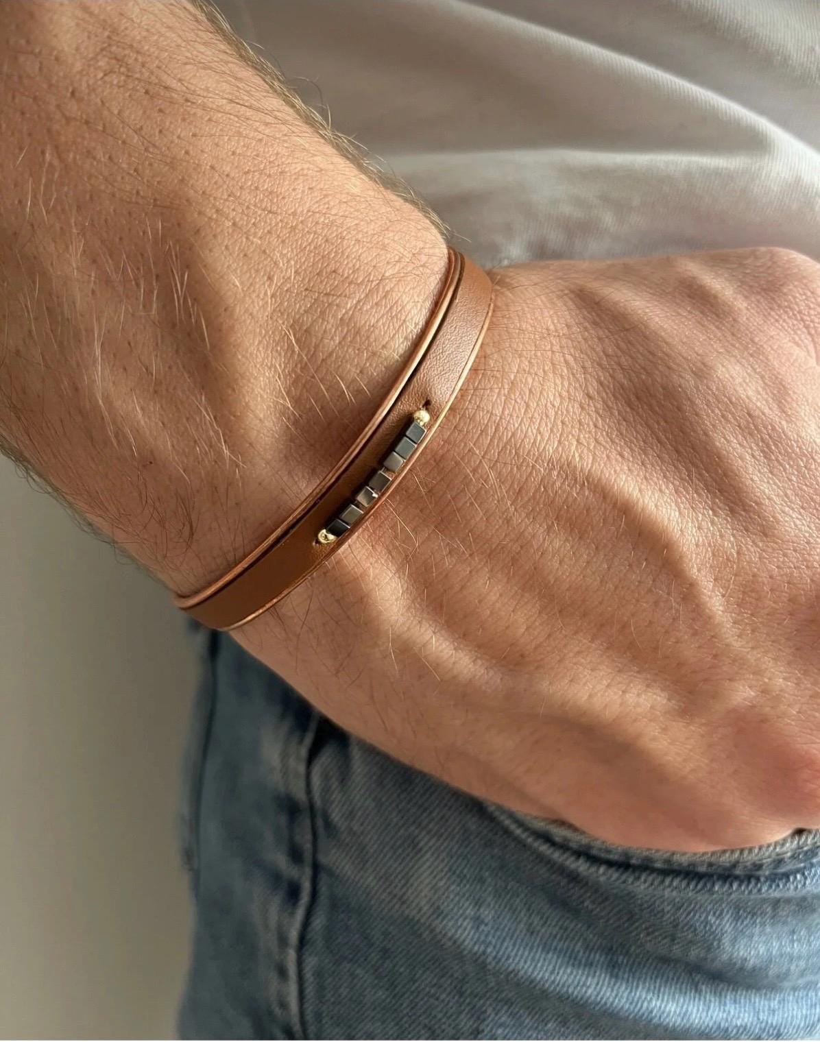 Handcrafted Men’s Leather Bracelet – Genuine Leather with Hematite Stone & Copper Accents | Adjustable Designer Wristwear