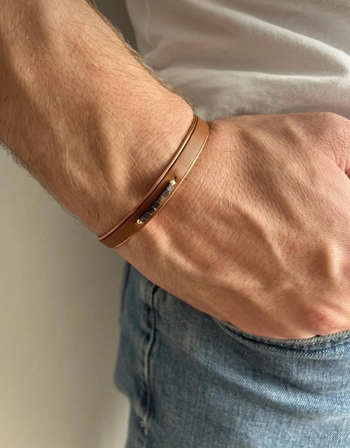 Handcrafted Men’s Leather Bracelet – Genuine Leather with Hematite Stone & Copper Accents | Adjustable Designer Wristwear