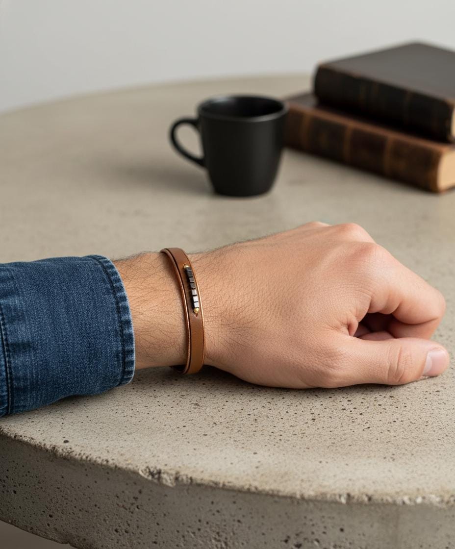 Handcrafted Men’s Leather Bracelet – Genuine Leather with Hematite Stone & Copper Accents | Adjustable Designer Wristwear