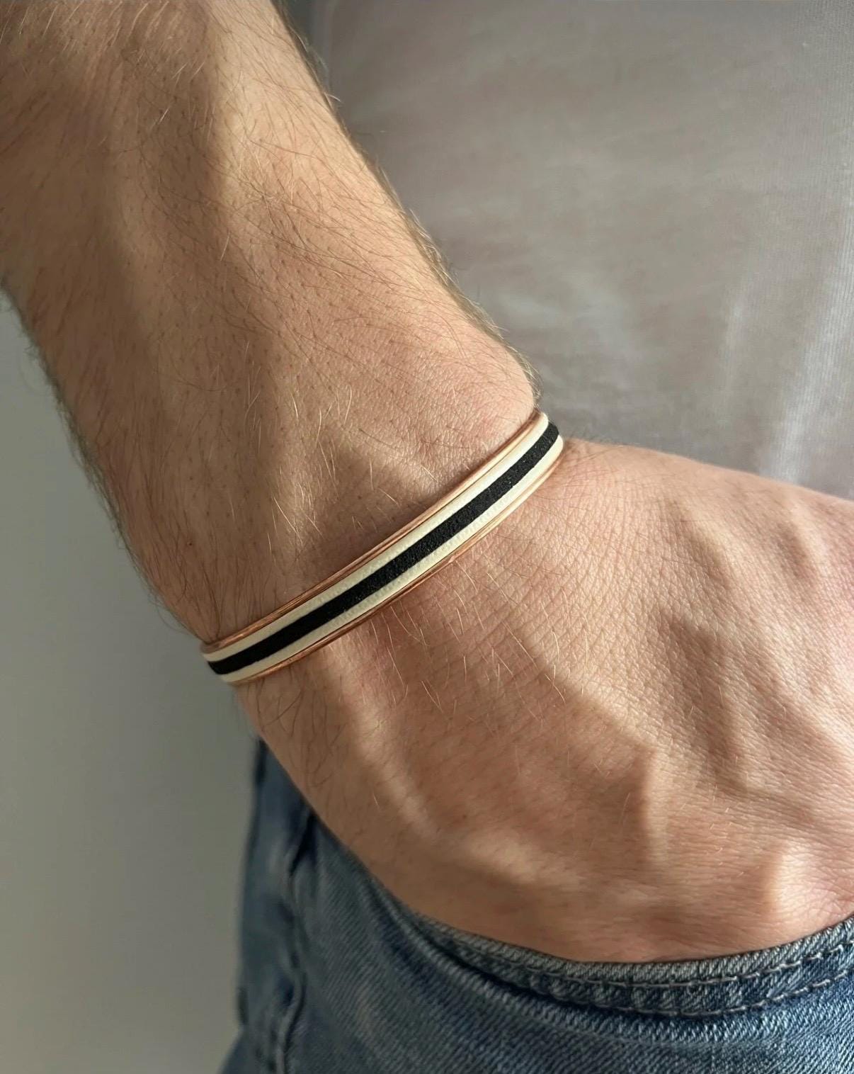 Handcrafted Men’s Leather Bracelet – Genuine Leather with Hematite Stone & Copper Accents | Adjustable Designer Wristwear