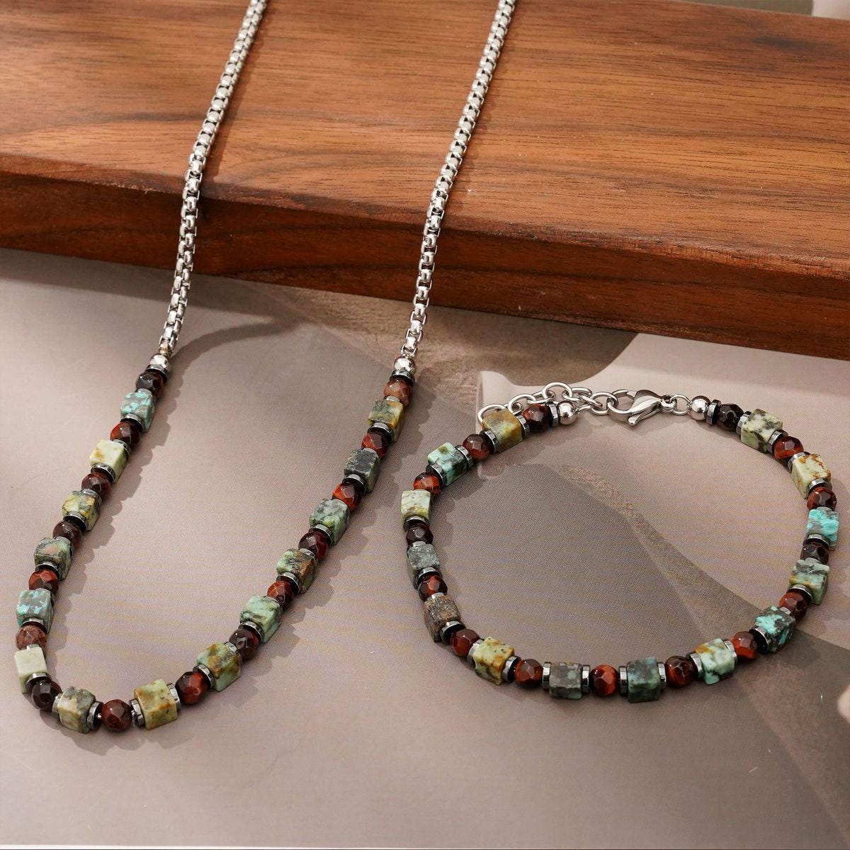 Men’s Natural Gemstone Necklace & Bracelet Set – African Turquoise and Red Tiger Eye Beads –Boho Minimalist Jewelry Set