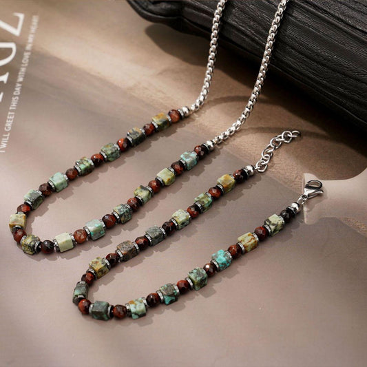 Men’s Natural Gemstone Necklace & Bracelet Set – African Turquoise and Red Tiger Eye Beads –Boho Minimalist Jewelry Set