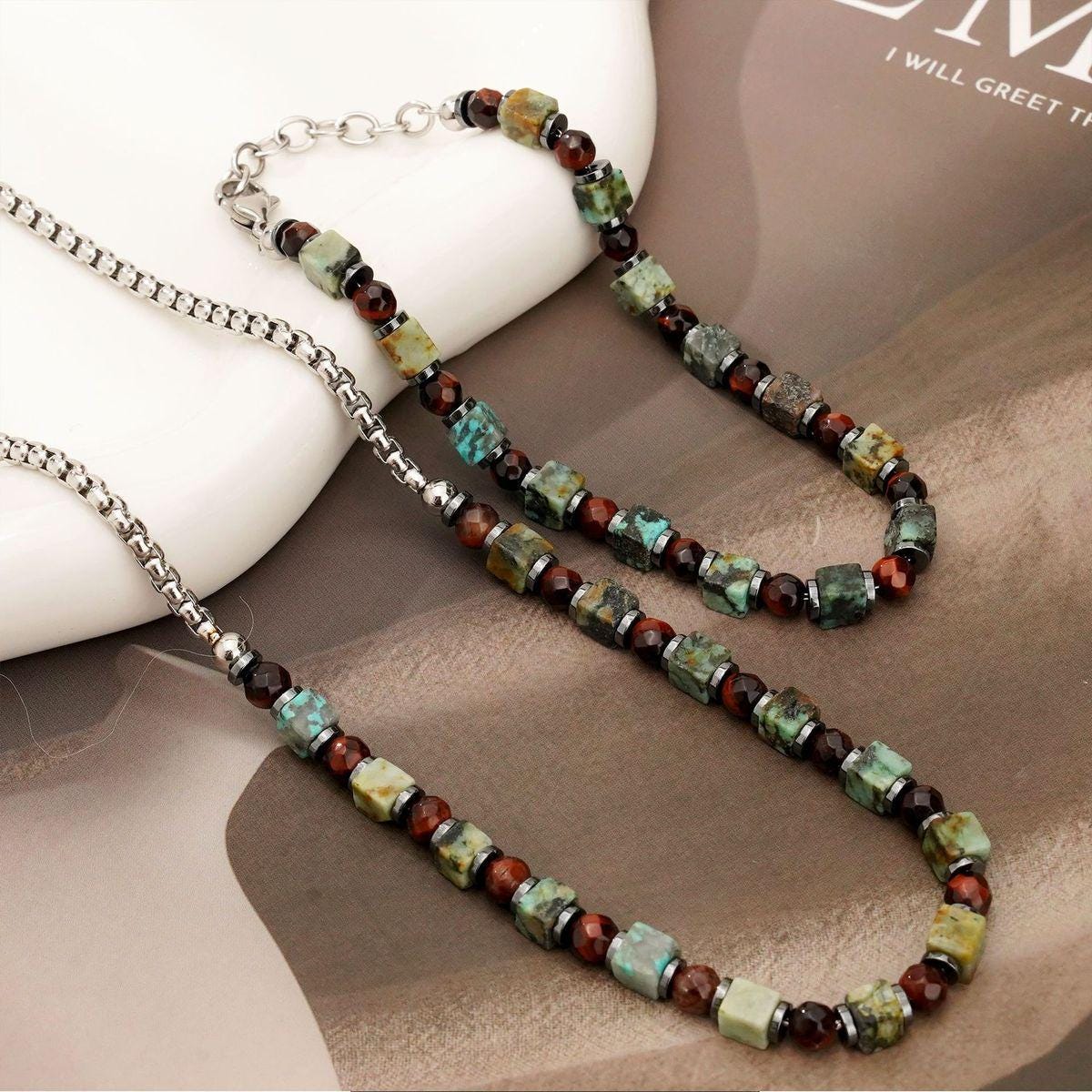 Men’s Natural Gemstone Necklace & Bracelet Set – African Turquoise and Red Tiger Eye Beads –Boho Minimalist Jewelry Set